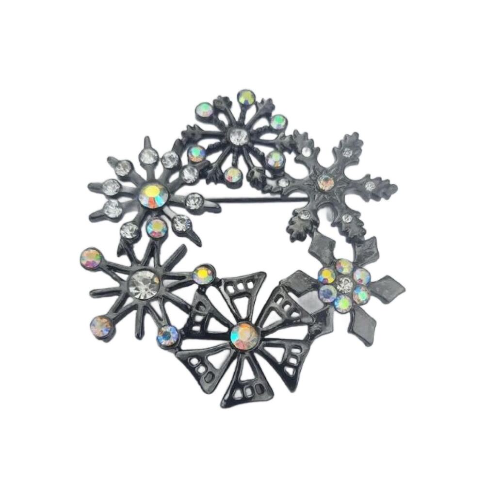 Vintage Kenneth Cole Snowflakes Brooch, AB Rhinestone Gunmetal Pin, 2" Diameter